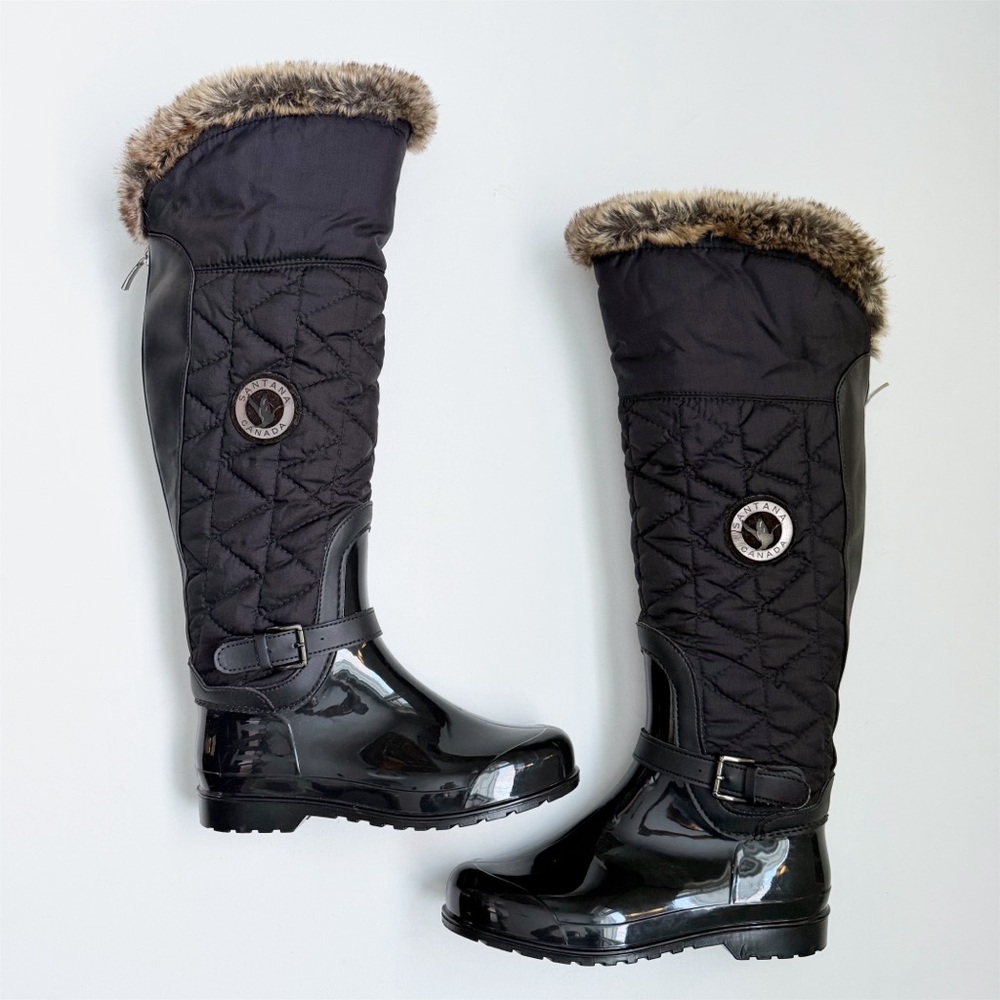 BRAND NEW Santana Canada Clarissa Faux Fur Tall Rain Boot, Size 38 / 7 Black